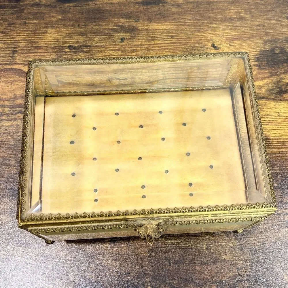 Vintage French‎ Jewelry Box Footed Casket Ormulu Filigree Beveled Glass Regency